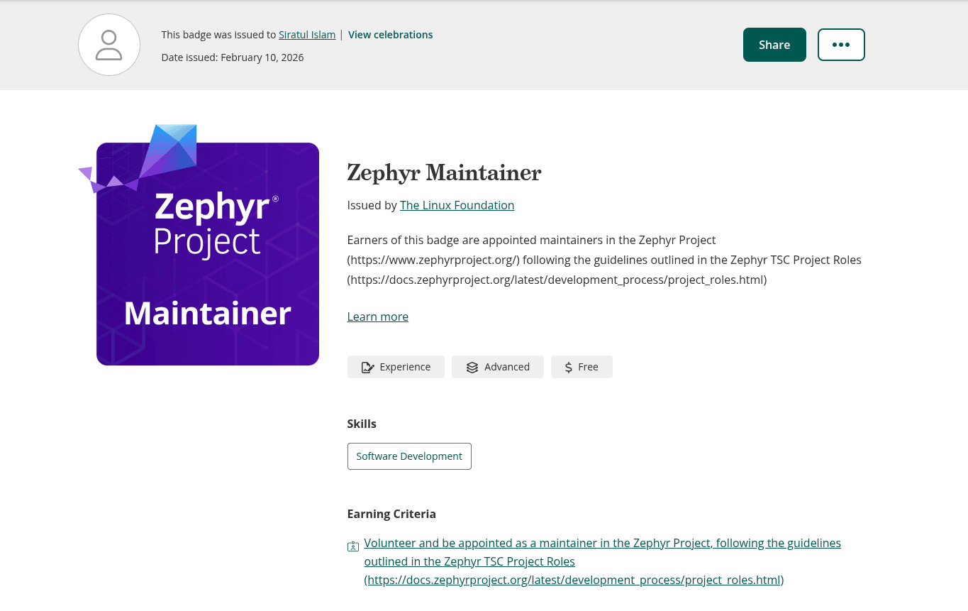 Zephyr RTOS Maintainer Badge